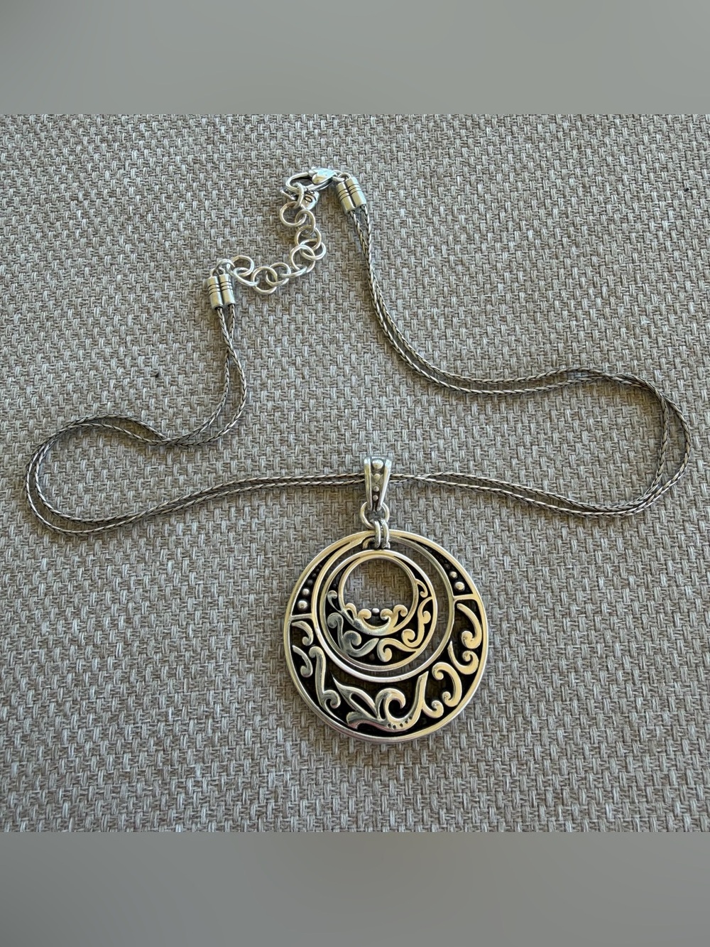 Brighton Concentric Circle Medallion Pendant Necklace Scroll Round Double Chain